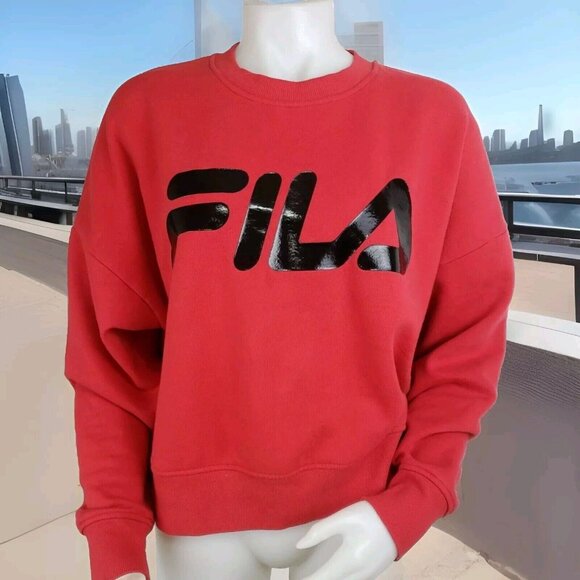 Fila Sweatshirt Womens XL Red Cropped Logo Spellout Long Sleeve Fleece Pullover - Picture 1 of 8